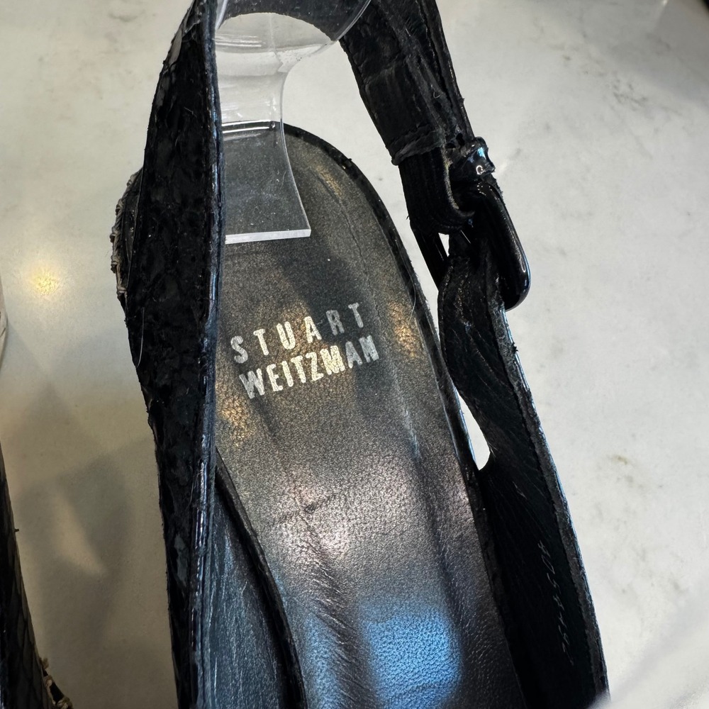 Stuart Weitzman Women 6.5 Black Snakeskin Embossed Cork Wedge Slingback Sandals - Picture 11 of 15